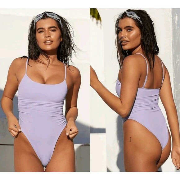 PacSun Eco Purple Destiny Shirred One Piece Swimsuit Sz S Girly Beach Pool Lake - Picture 1 of 6